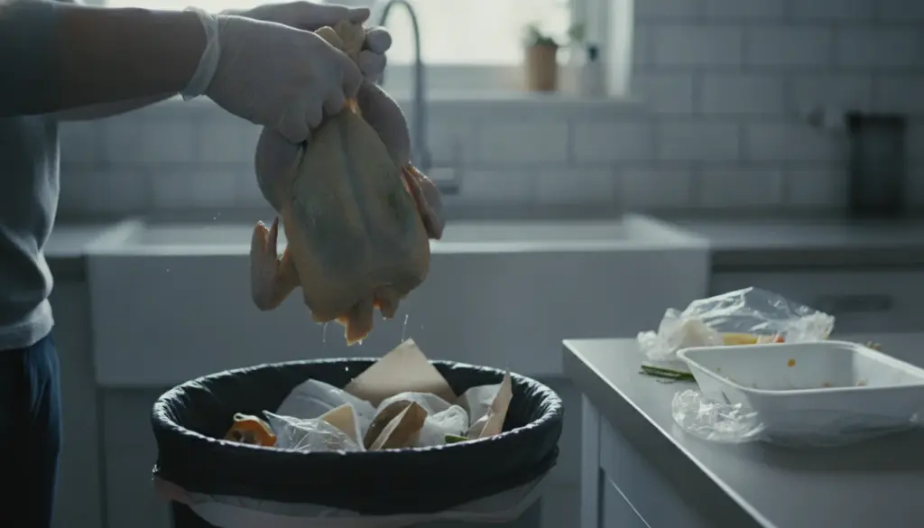 Put the chicken down immediately. A clear sign the meat is only fit for the trash