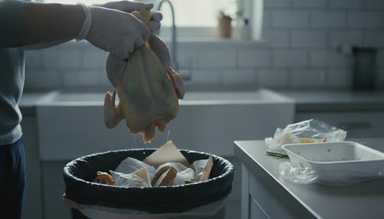 Put the chicken down immediately. A clear sign the meat is only fit for the trash