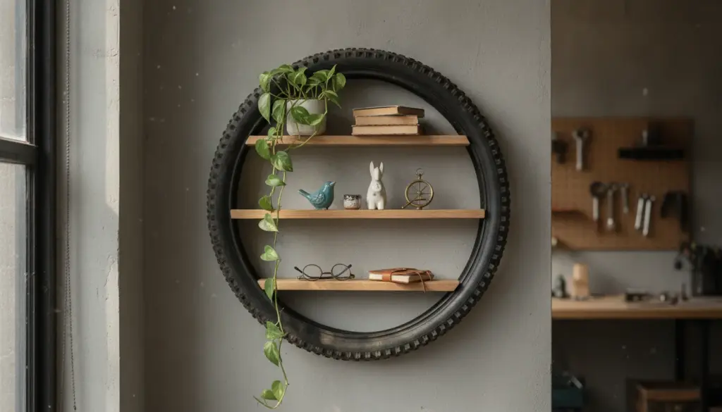 Got an old bicycle tire? Don’t toss it out – make a round wall shelf from it